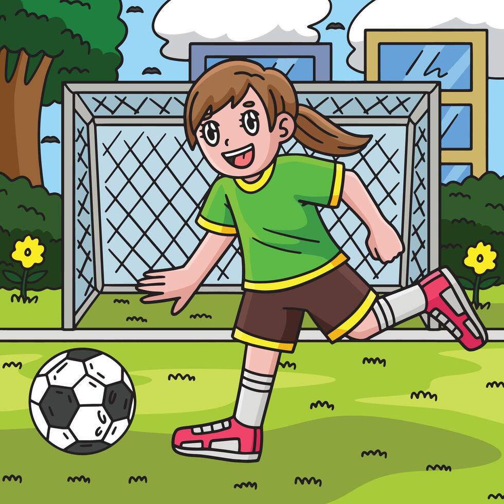 niña persiguiendo un fútbol pelota de colores dibujos animados vector