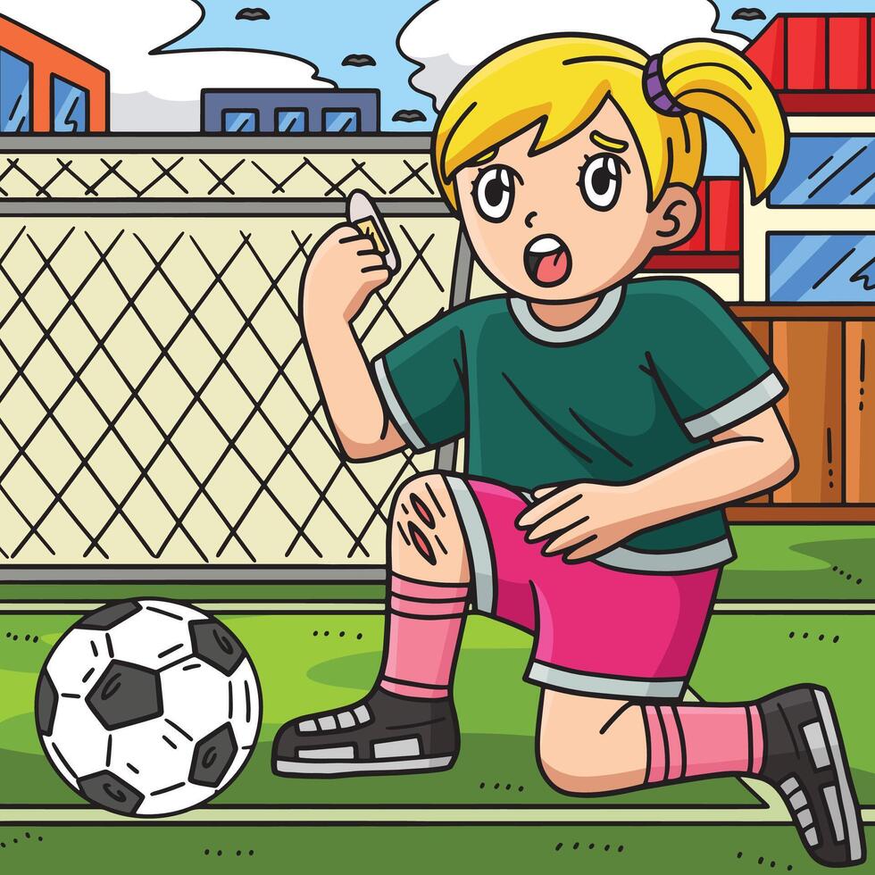 niña con un fútbol pelota lesionado rodilla de colores vector