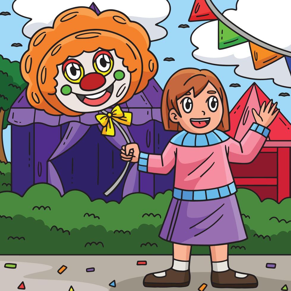 circo niño con un payaso globo de colores dibujos animados vector