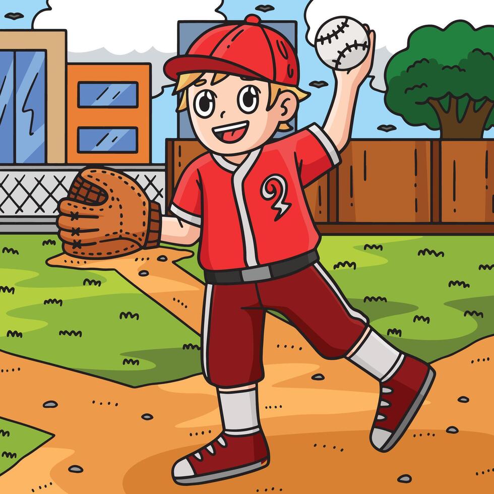 Baseball Boy Pitching Colored Cartoon Illustration vector