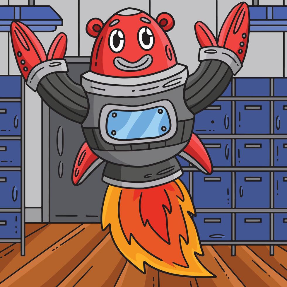 Robot with Rocket Booster Colored Cartoon vector