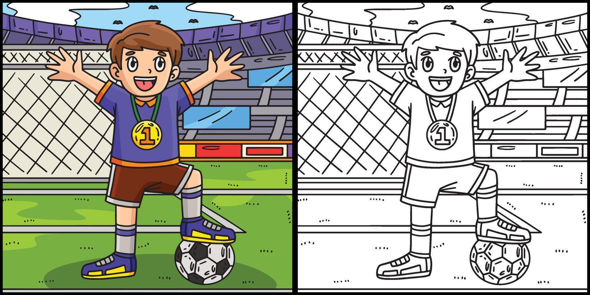 fútbol chico vistiendo medalla colorante ilustración vector