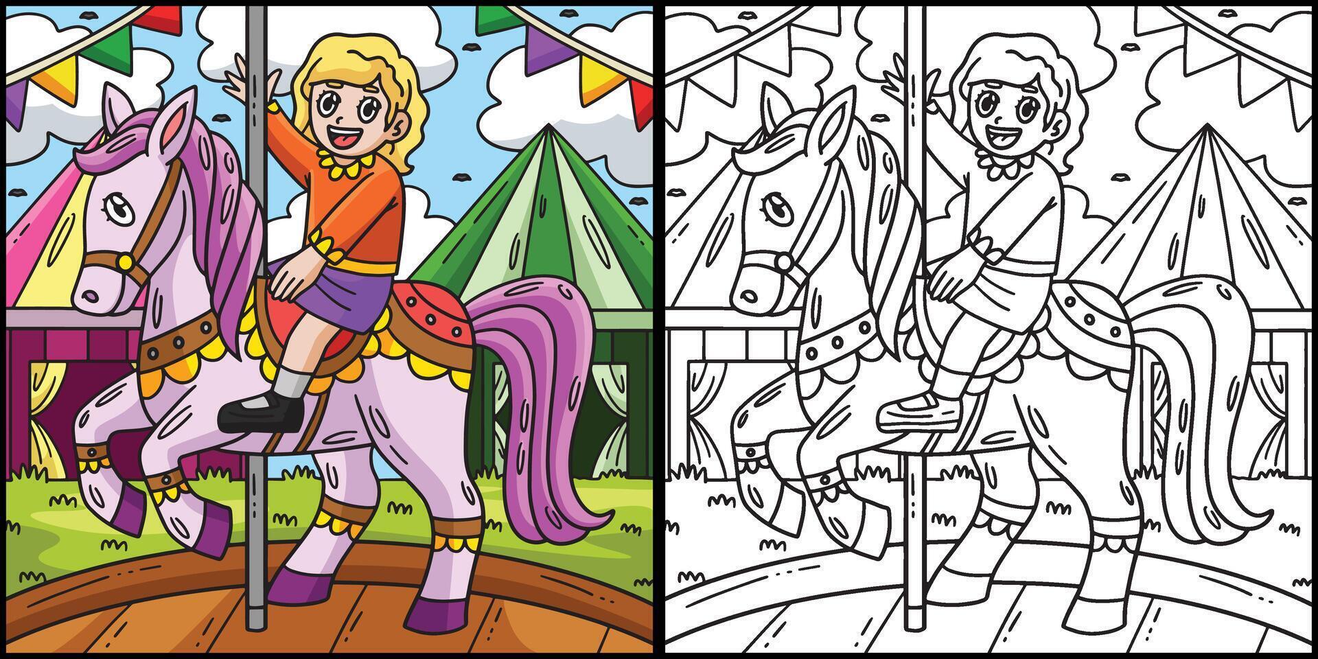 circo niño en caballo colorante página ilustración vector