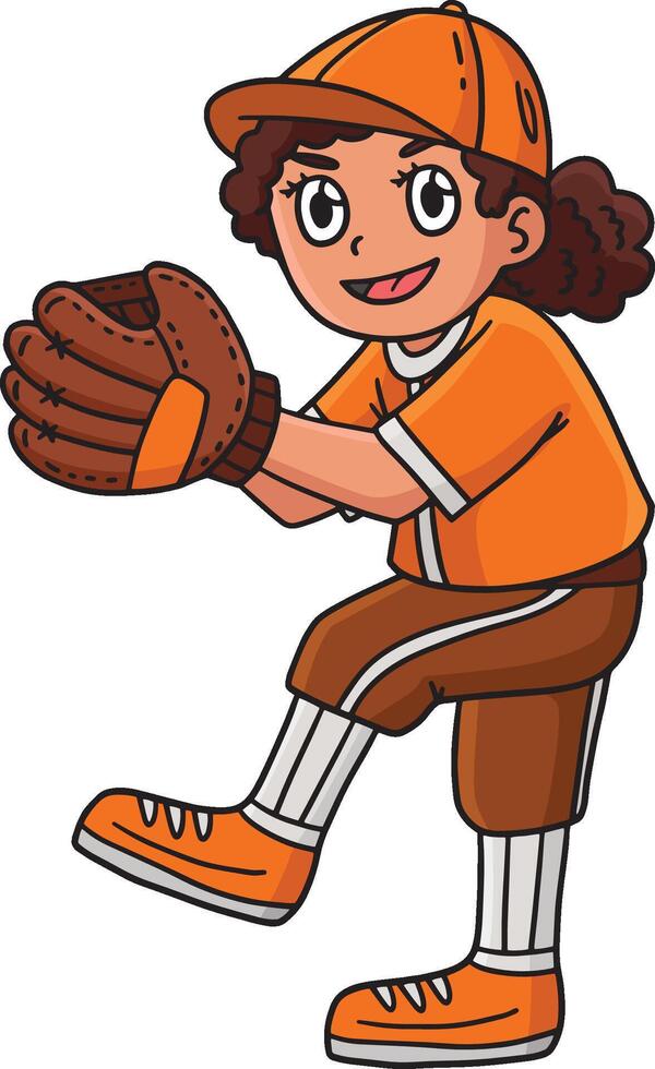 Girl Pitching Baseball Cartoon Colored Clipart vector