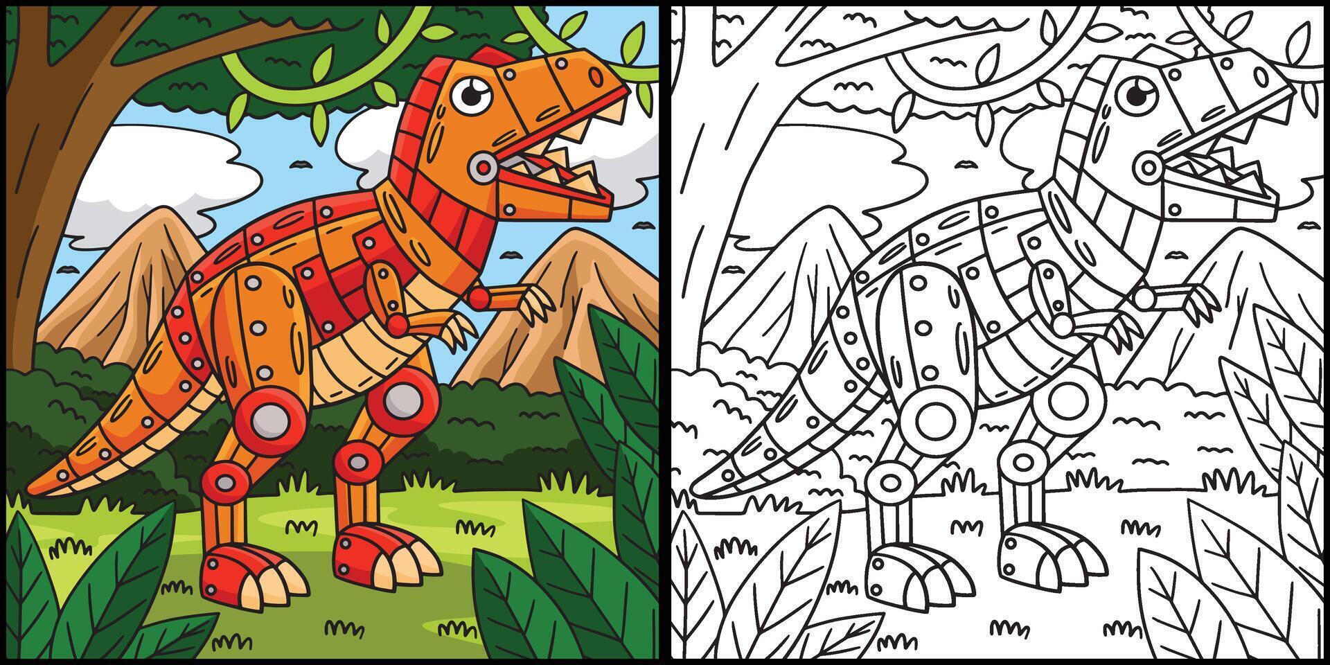 Robot T Rex Coloring Page Colored Illustration vector