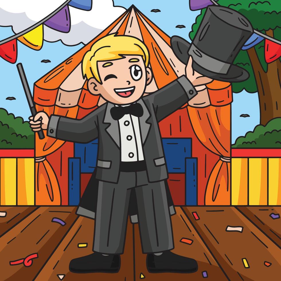 Circus Magician with Hat and Wand Colored Cartoon vector