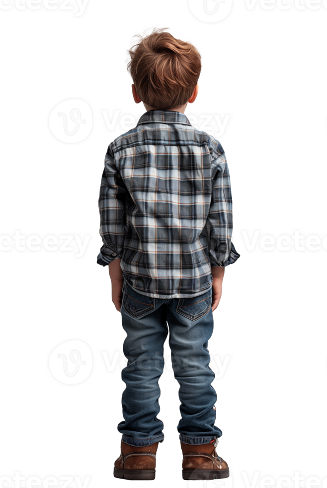 Young boy in casual outfit standing with back to camera png