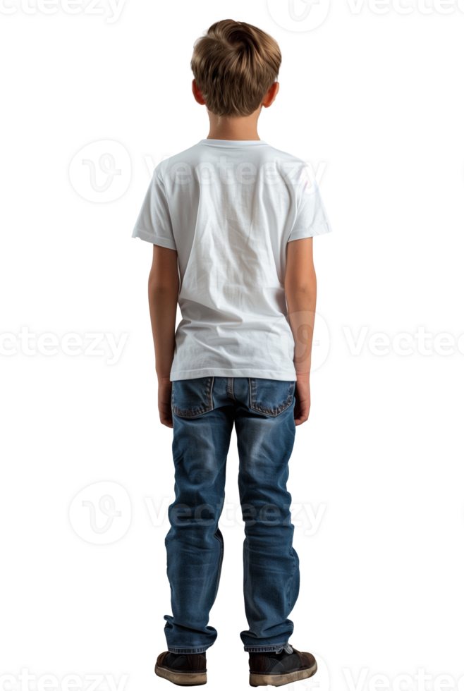 Young boy standing in jeans and white t-shirt, rear view png