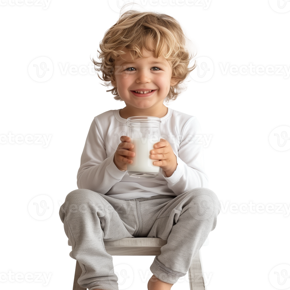 Happy child with milk glass sitting on white chair png