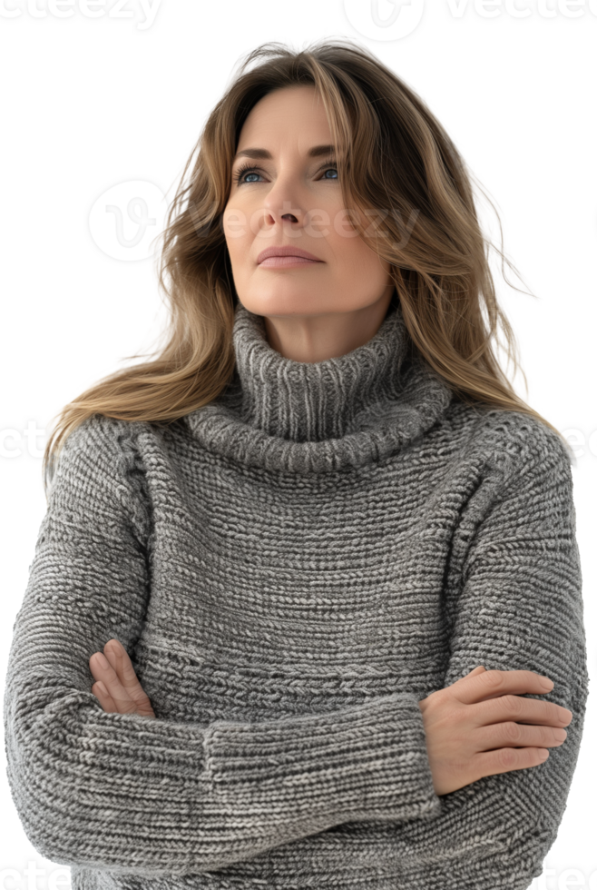 Contemplative woman in gray sweater on transparent background png