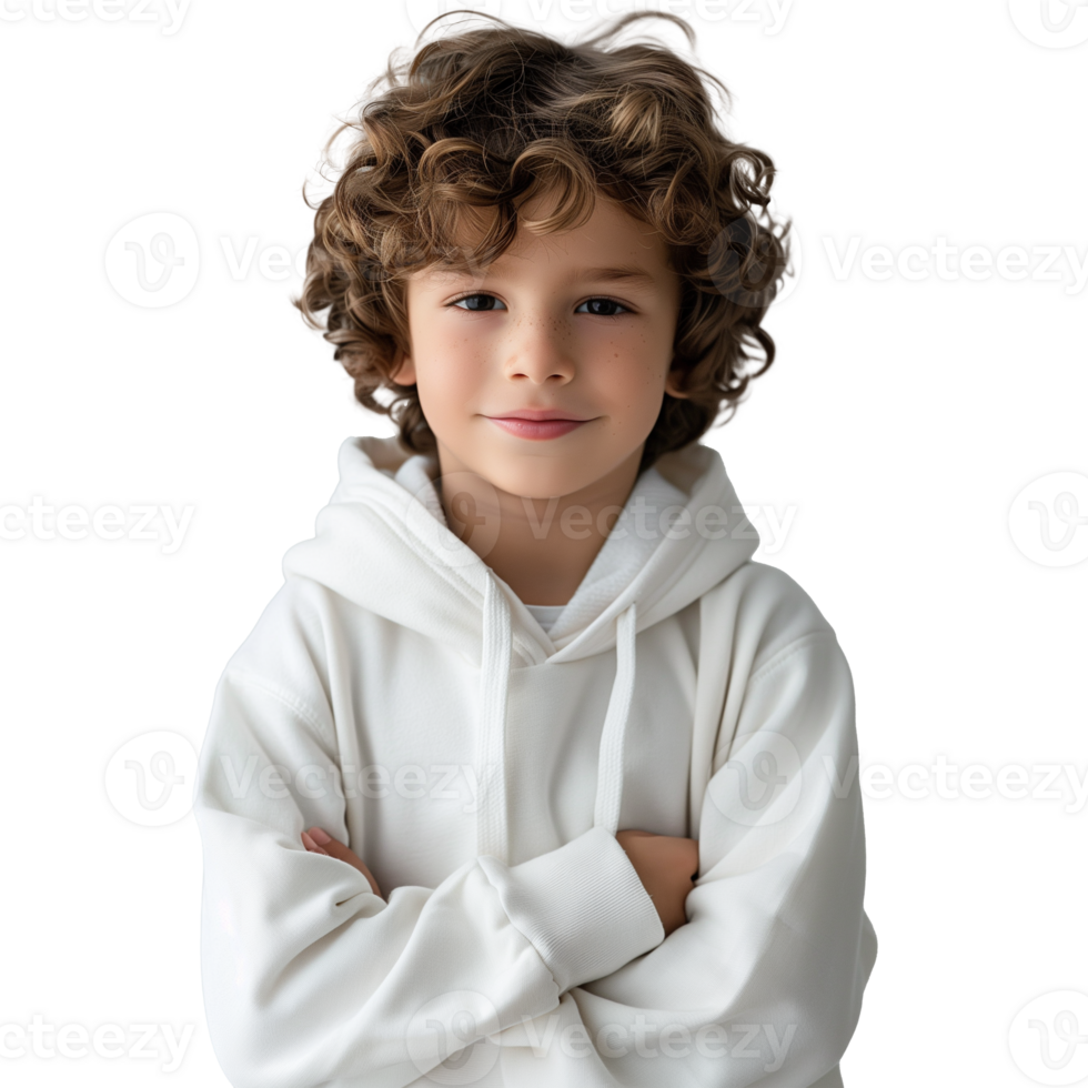 Smiling young boy in white hoodie on transparent background png