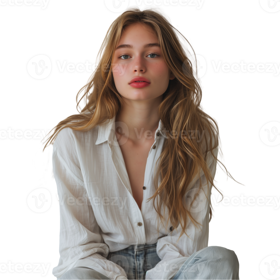 Young woman with a serene expression on transparent background png