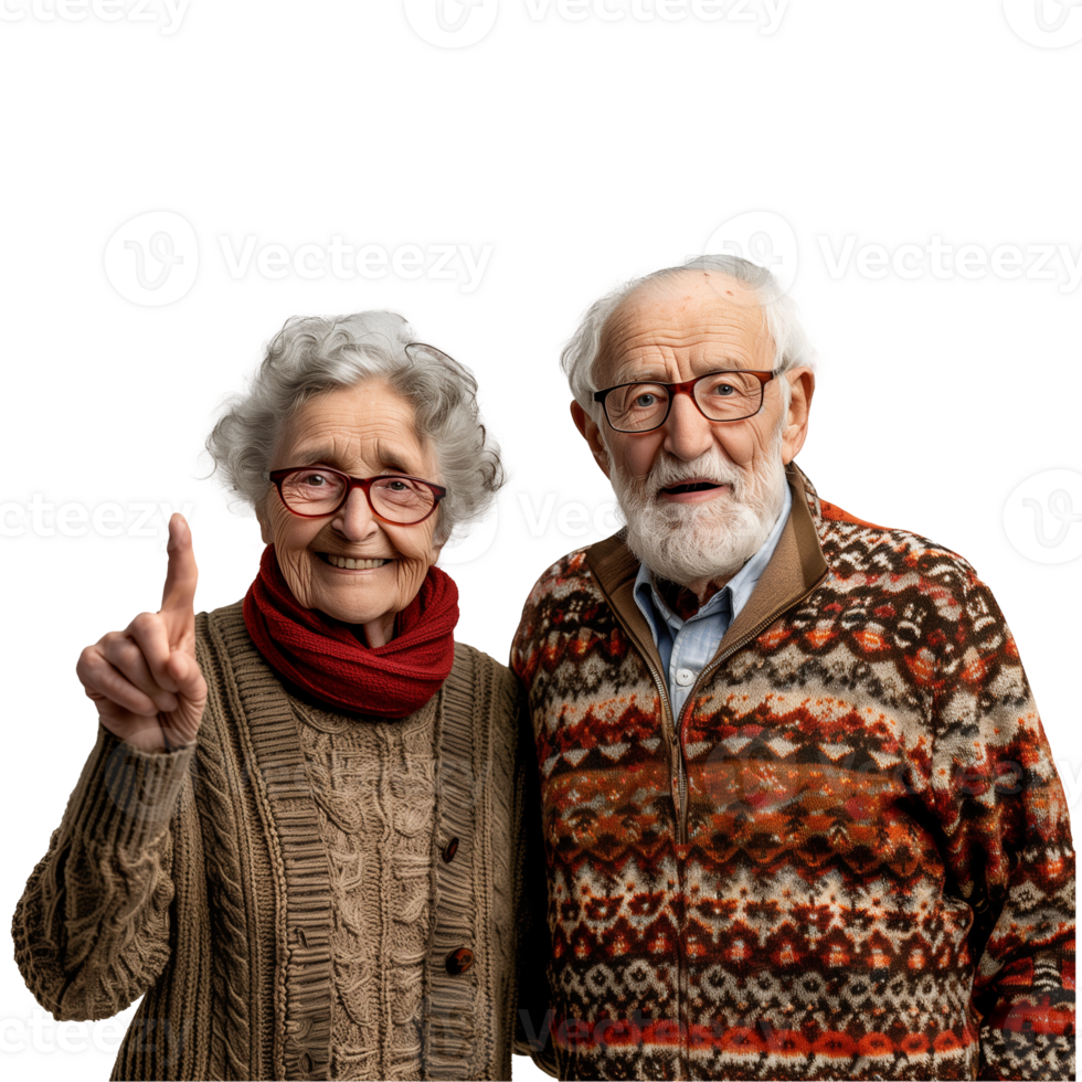 Happy elderly couple in cozy knitted sweaters sharing joy png