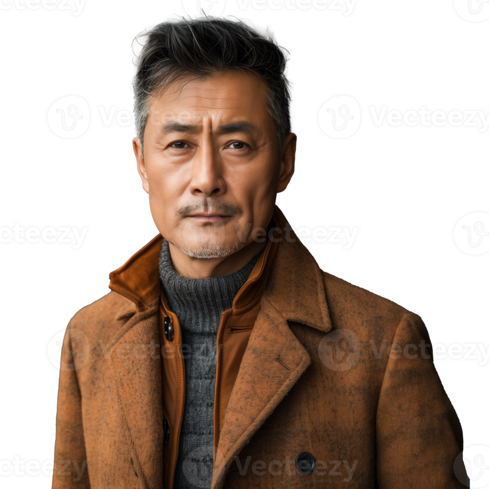 Mature Asian man in stylish brown suede jacket png