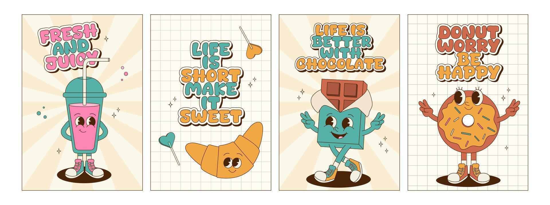 Collection of groovy posters and cards with dessert characters. Retro cartoon mascot set. Posters with lettering and phrases for bakery, cafe and delivery. Soda, croissant, chocolate, donut. vector