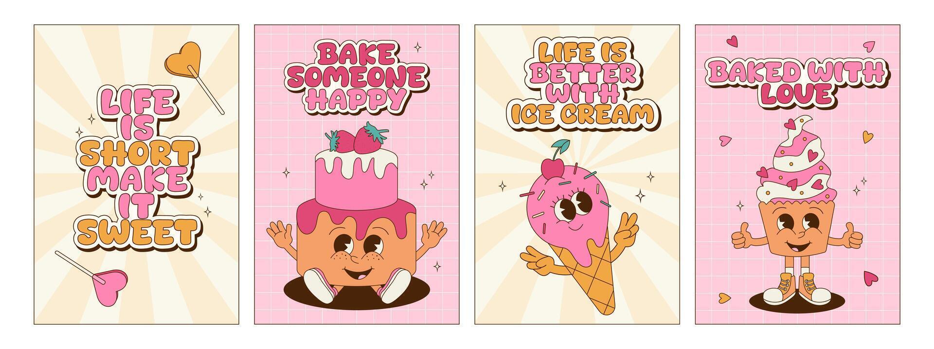 Collection of groovy posters and cards with dessert characters. Retro cartoon mascot set. Posters with lettering and phrases for bakery, cafe and delivery. Cake, cupcake, ice cream. vector