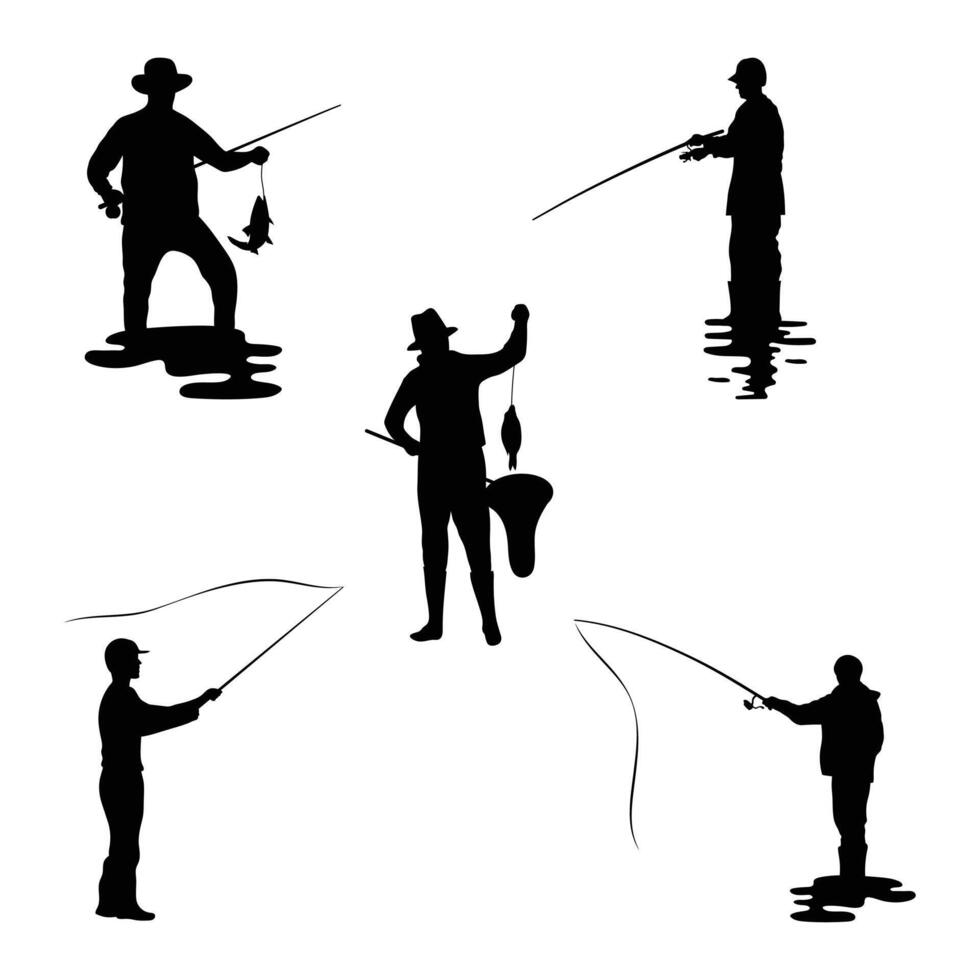 Set of fisherman with fishing rod symbol illustration. vector