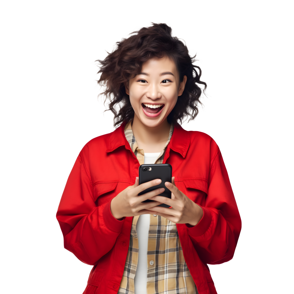 portrait de asiatique Jeune femme en riant content souriant avec en utilisant intelligent téléphone, png