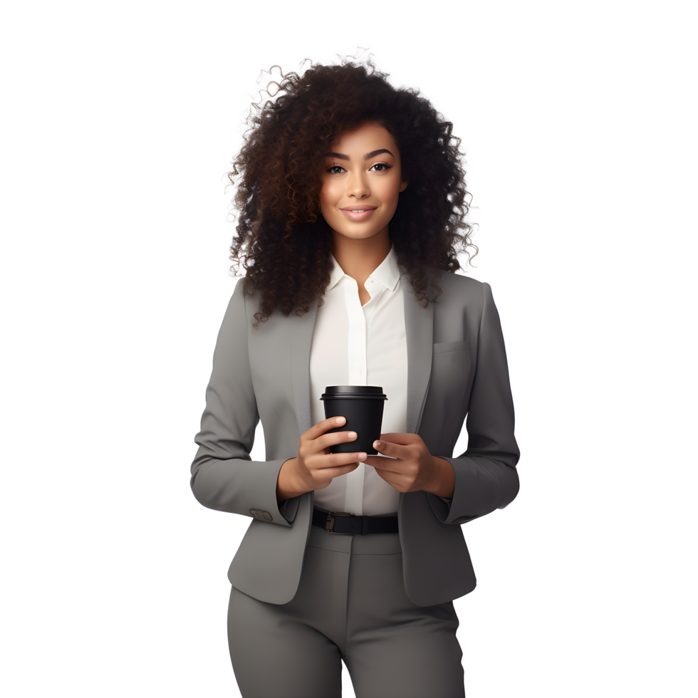 portrait of happy young business woman with cup of coffee png