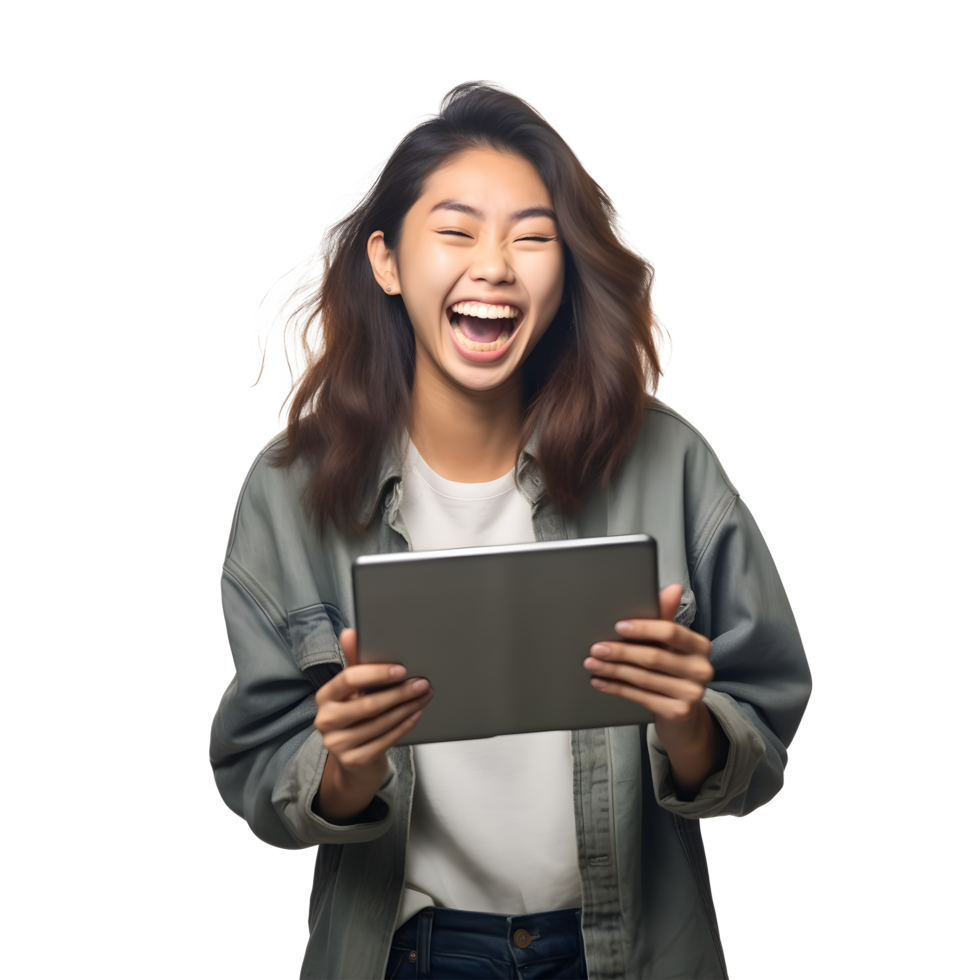 Portrait of asian young woman laughing happy smiling with using tablet computer png