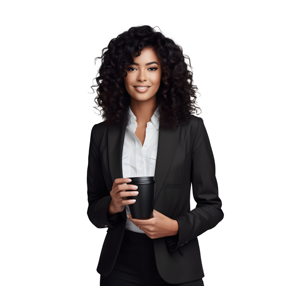 portrait of happy young business woman with cup of coffee png