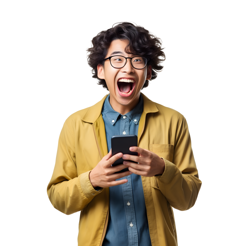 Portrait of asian young man happy smiling cheerful using smart phone png