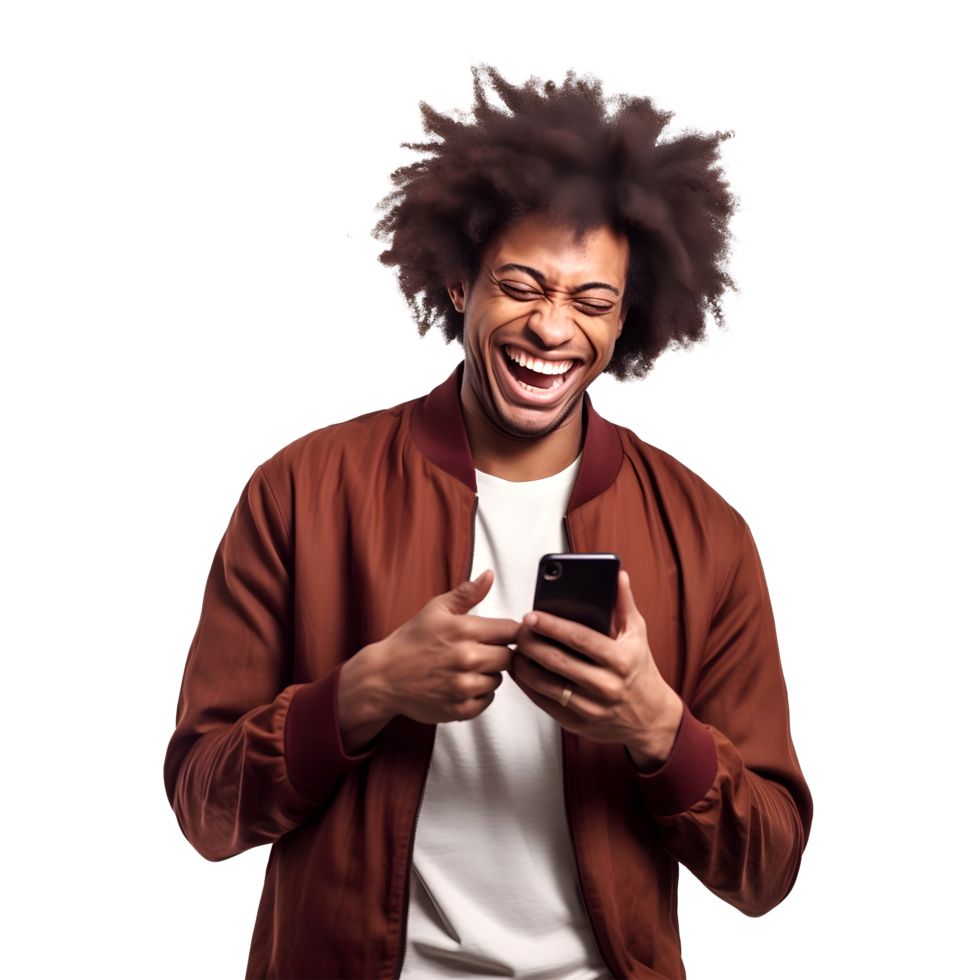porträtt av svart ung man Lycklig leende glad använder sig av smart telefon png