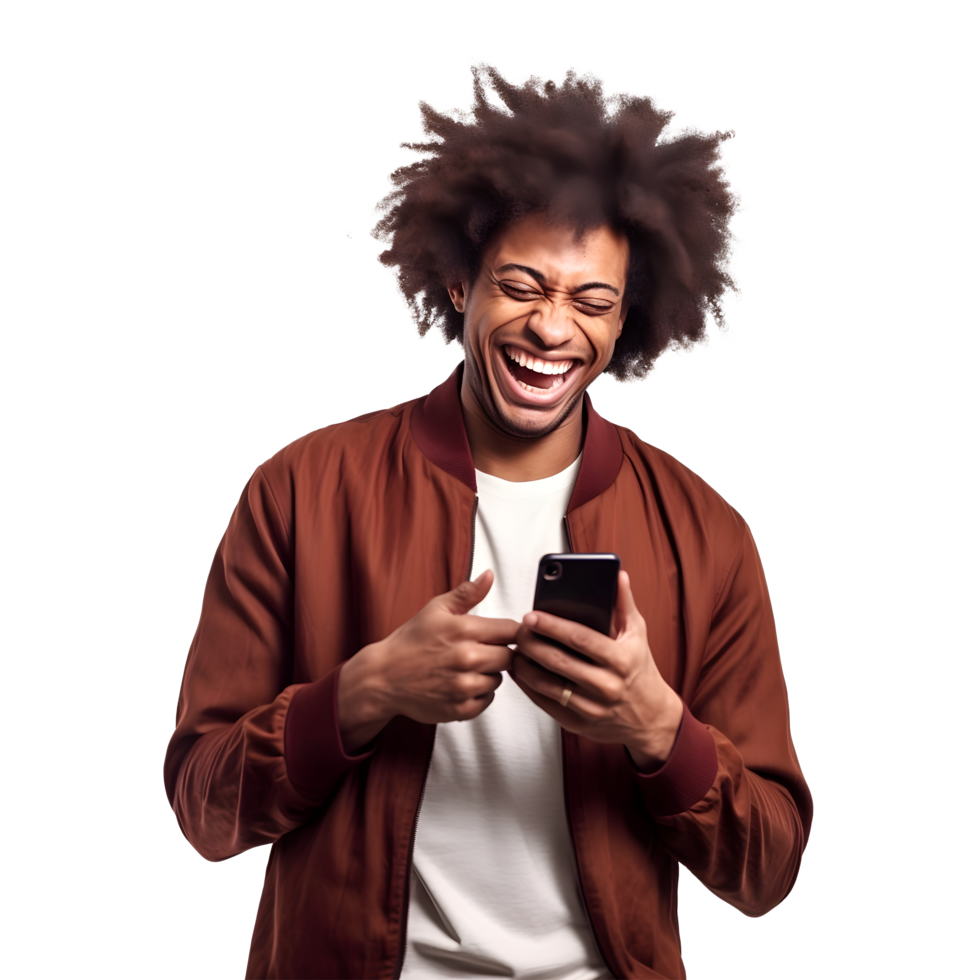 Portrait of black young man happy smiling cheerful using smart phone png