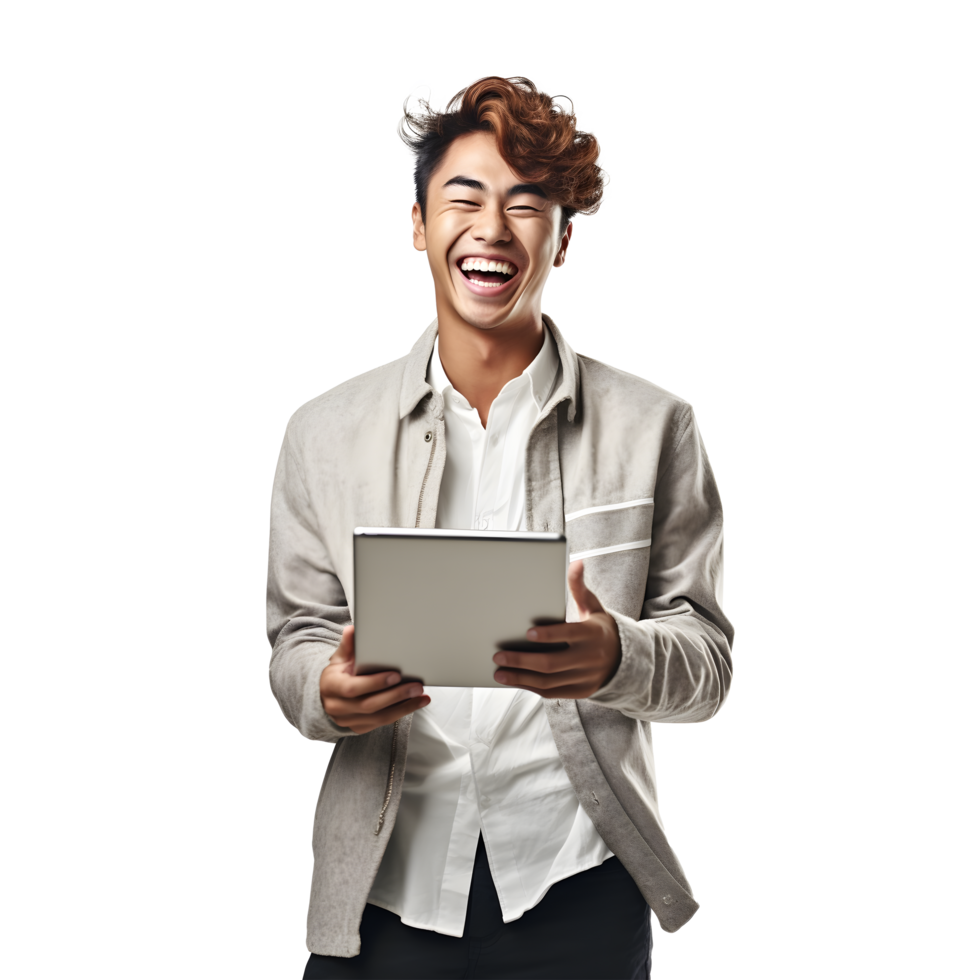 Portrait of asian young man happy smiling cheerful using tablet computer, png