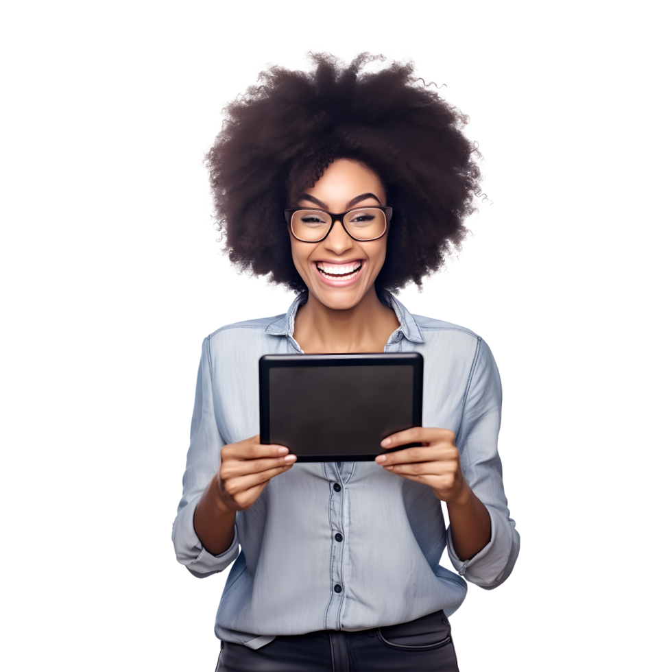 retrato de negro joven mujer riendo contento sonriente con utilizando tableta computadora png