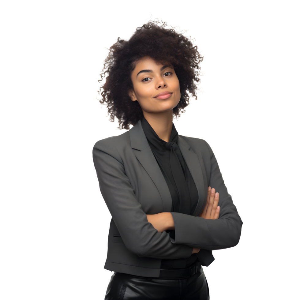 Portrait of young business woman happy smiling and standing posing arms crossed, png