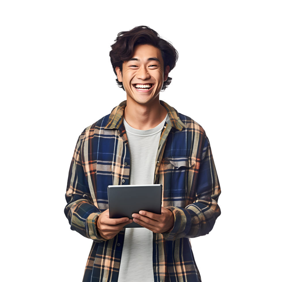 Portrait of asian young man happy smiling cheerful using tablet computer, png
