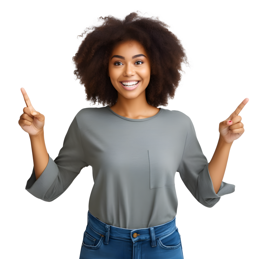 Portrait of young woman pointing with surprised expression attractive cheerful amazed, png