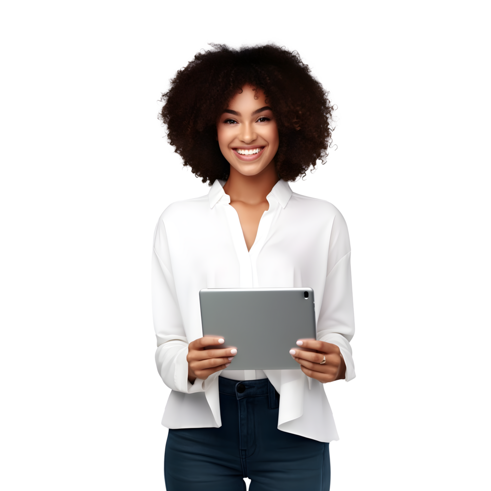 Portrait of young business woman happy smiling and standing hands holding using tablet computer, png