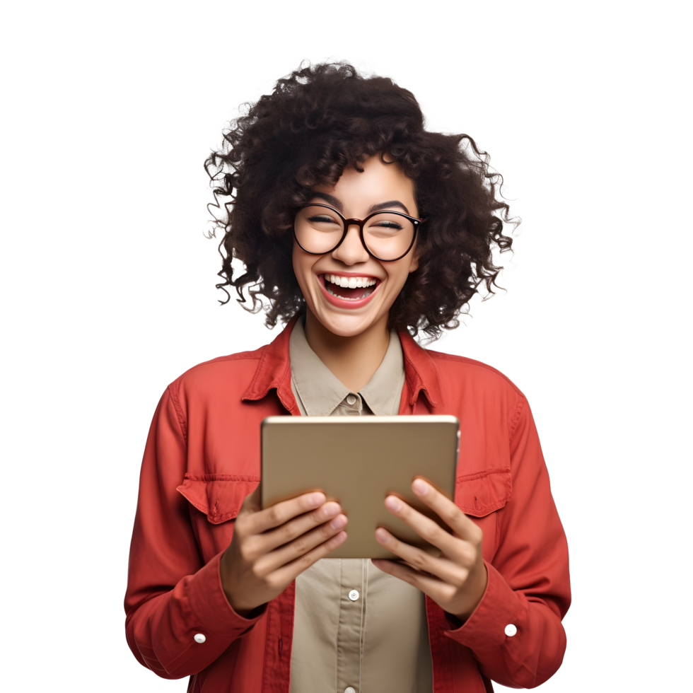 Portrait of black young woman laughing happy smiling with using tablet computer png