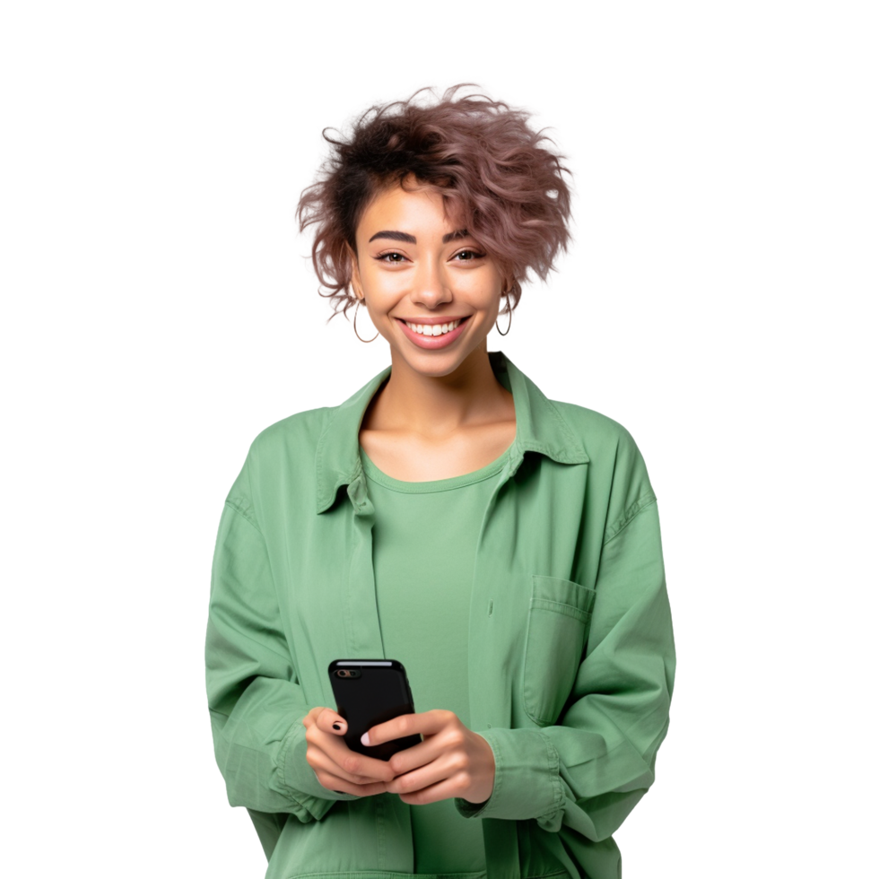 porträtt av ung kvinna attraktiv glad förvånad använder sig av smart telefon, isolerat på vit bakgrund, png