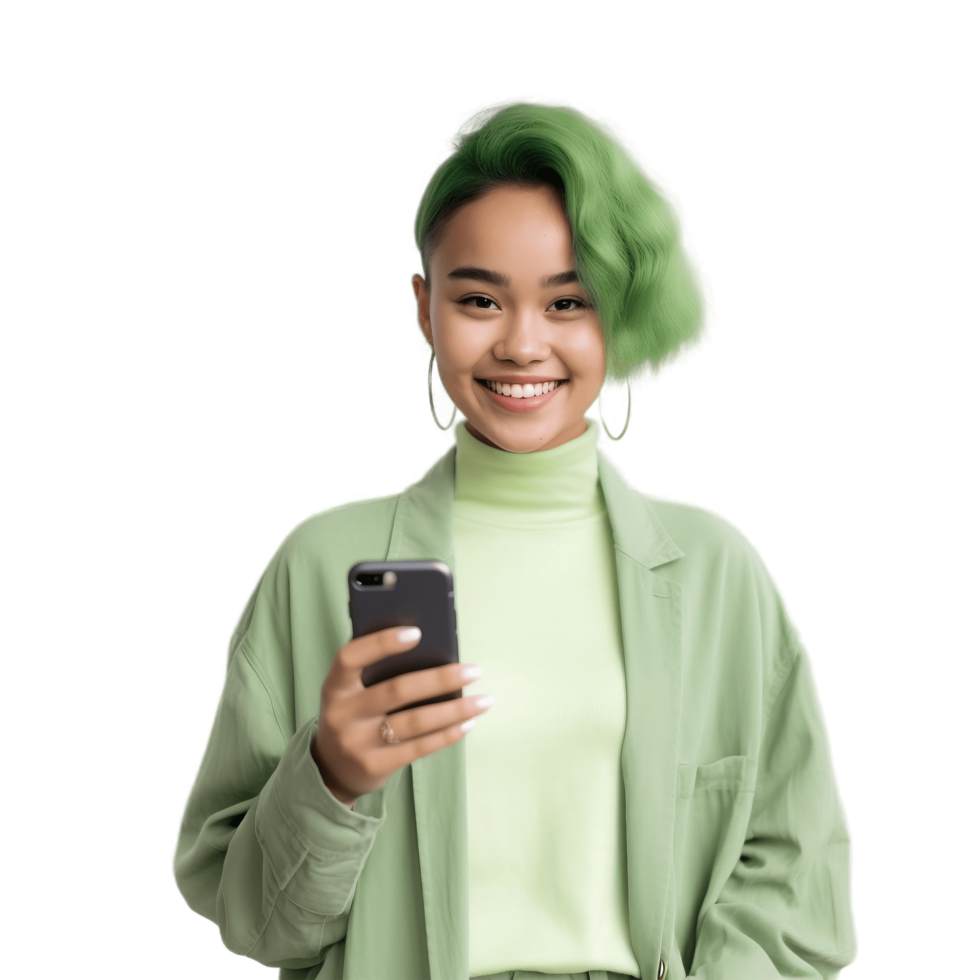 portrait de asiatique Jeune femme en riant content souriant avec en utilisant intelligent téléphone, png