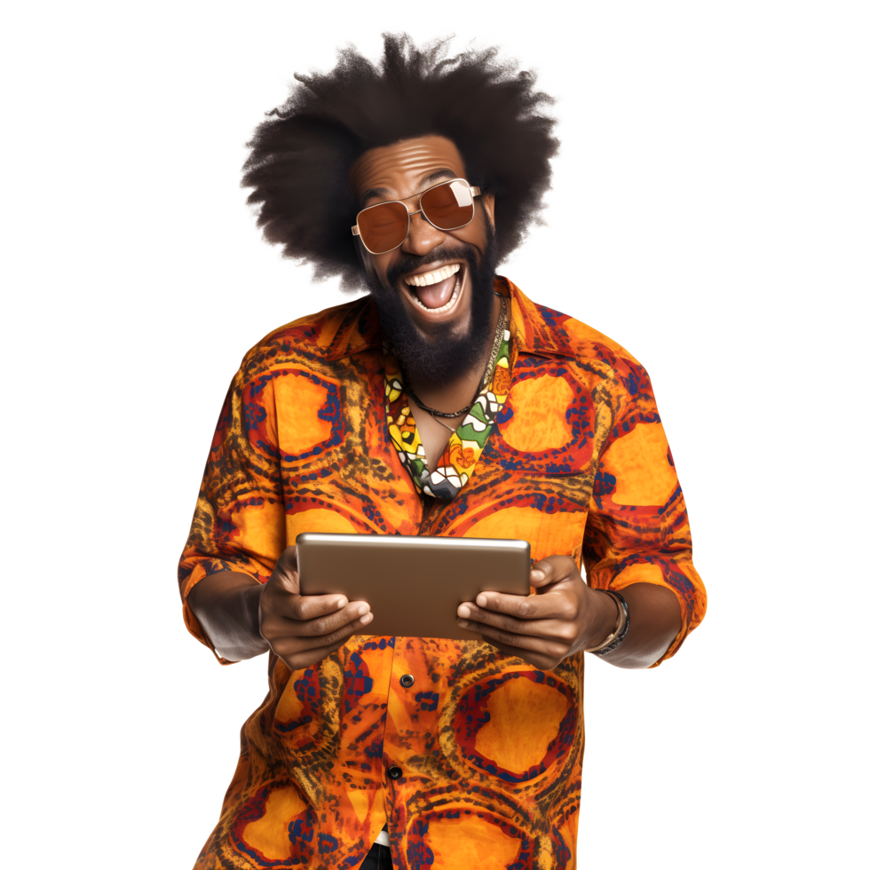 Portrait of black young man attractive cheerful amazed using tablet computer png