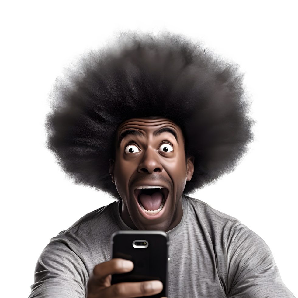 Portrait of black young man happy smiling cheerful using smart phone png