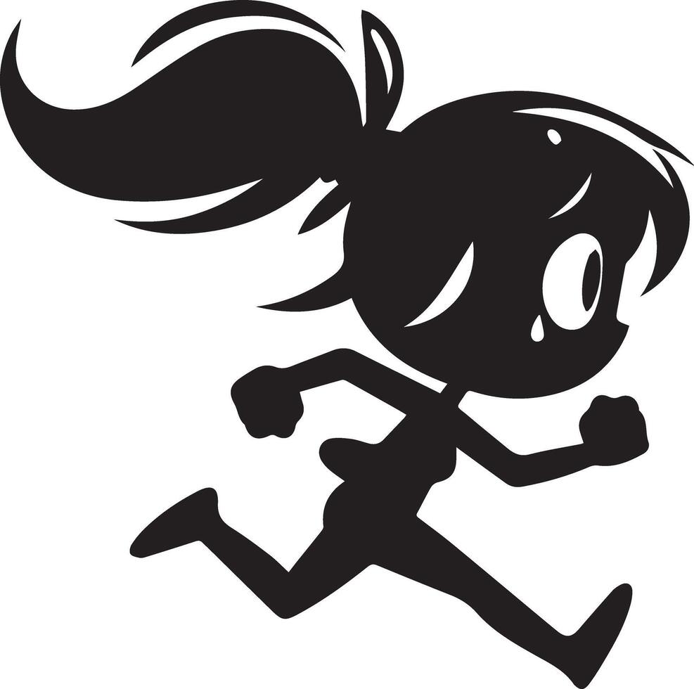 mínimo cómic niña correr rápido gracioso plano personaje silueta, negro color silueta, blanco antecedentes 11 vector