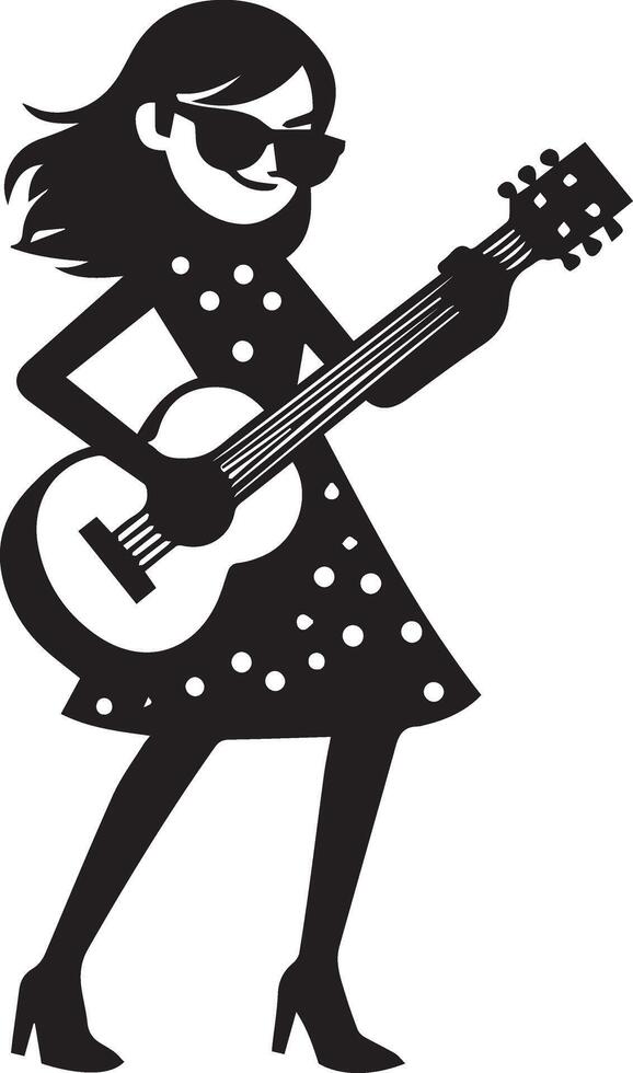 mínimo cómic niña bailando con guitarra gracioso plano personaje silueta, negro color silueta dieciséis vector