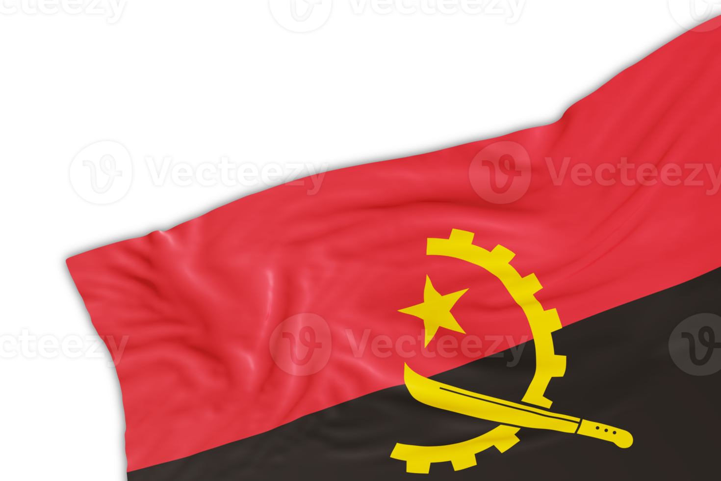 Realistic flag of Angola with folds, on transparent background. Footer, corner design element. Perfect for patriotic themes or national event promotions. Empty, copy space. 3D render. png