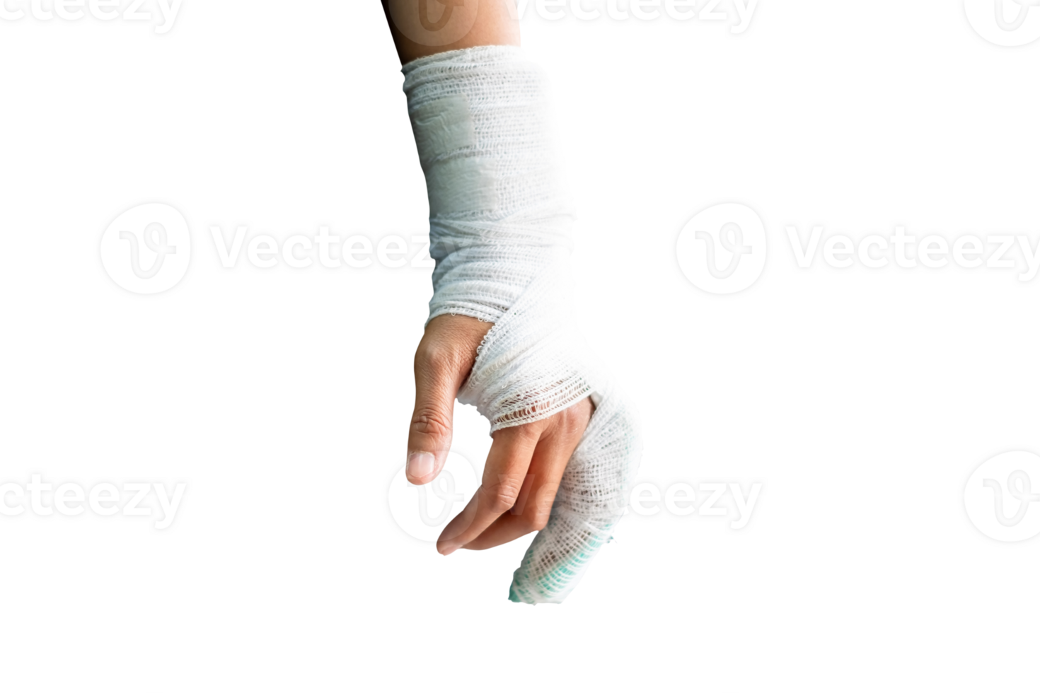 Woman's hand wrapped in white bandage from accident, injury, accident insurance, soft splint on finger, copy space png