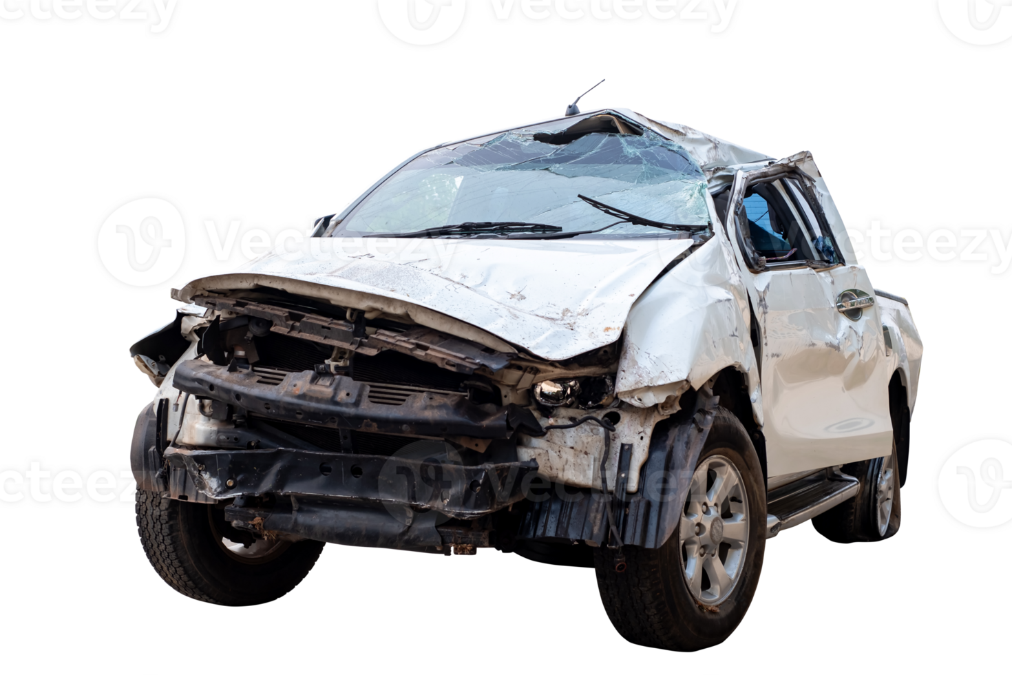 Car crash, Front and Side view of white pickup car get hard damaged by accident on the road. damaged cars after collision. isolated on transparent background, File png