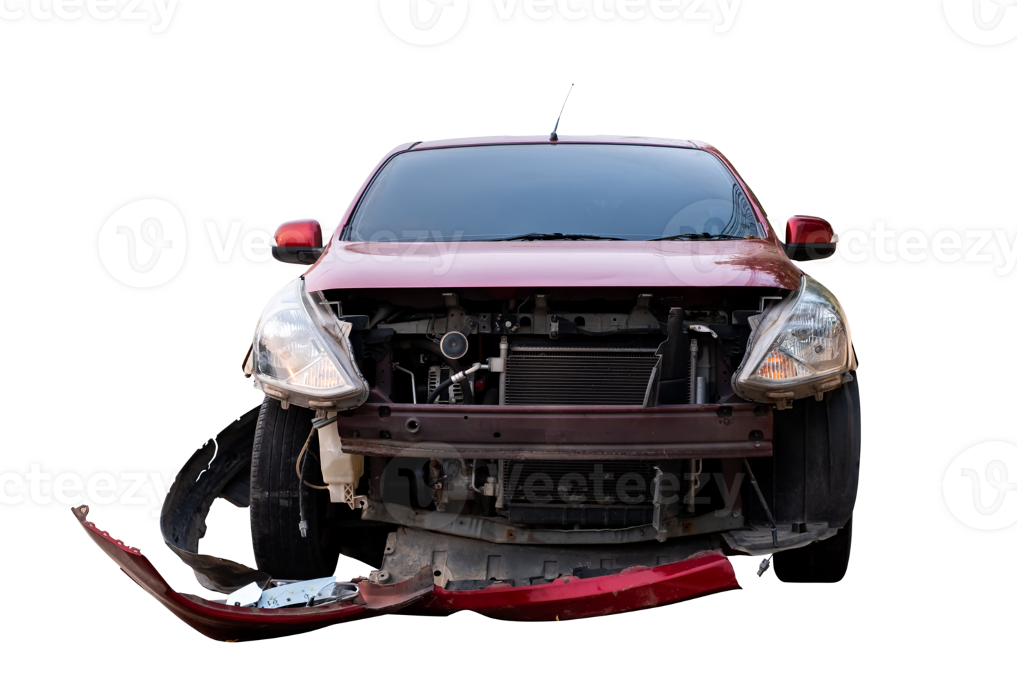 Car crash, Front view of red car get damaged by accident on the road. damaged cars after collision. Isolated on transparent background, car crash broken,Bumper, Fil png