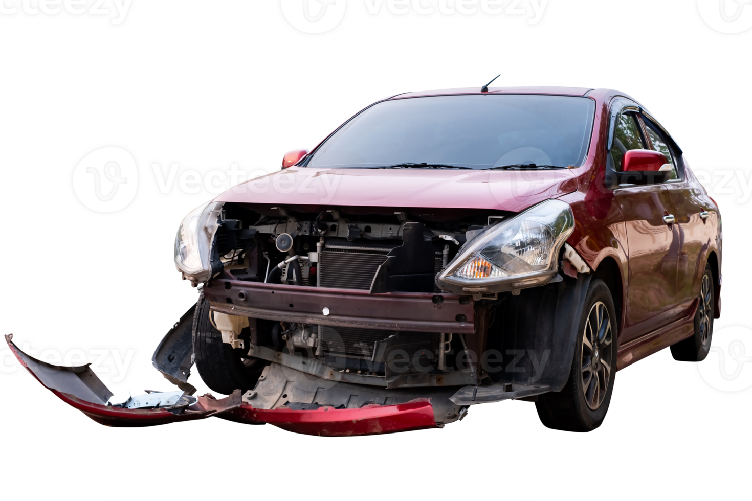 Car crash, Full body front and side view of red car get damaged by accident on the road. damaged cars after collision. Isolated on transparent background, car crash broken, File png