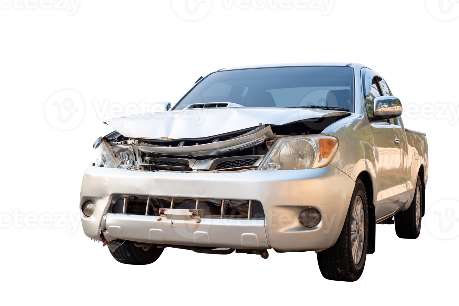 Front of gray or bronze pikup car get damaged by accident on the road. damaged cars after collision. isolated on transparent background, File png