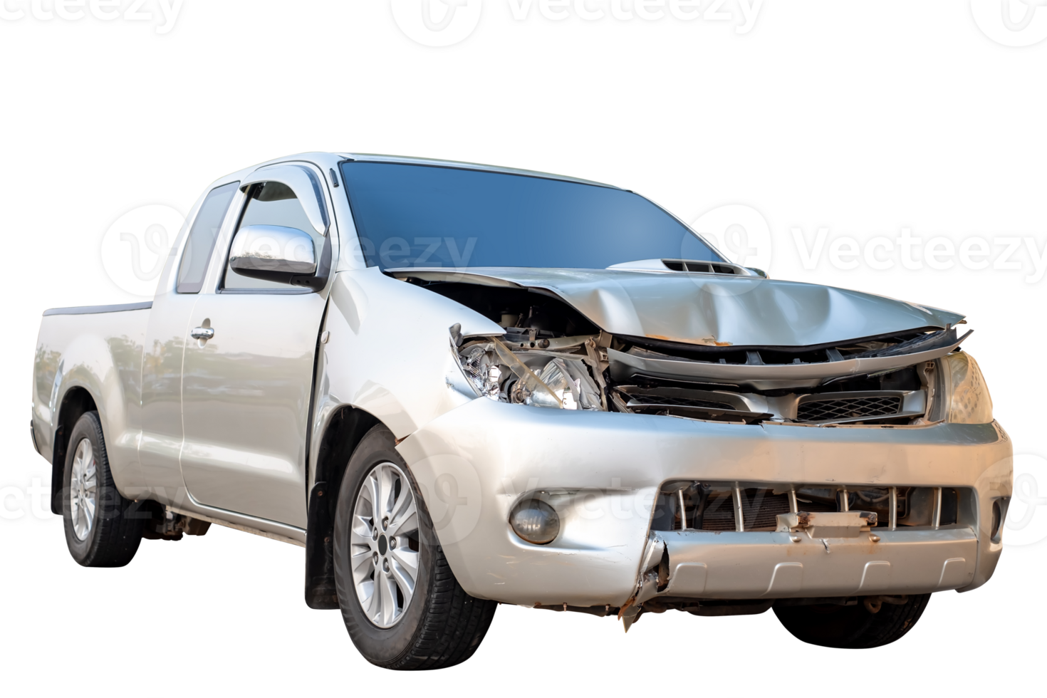 Front of gray or bronze pikup car get damaged by accident on the road. damaged cars after collision. isolated on transparent background. FIle png