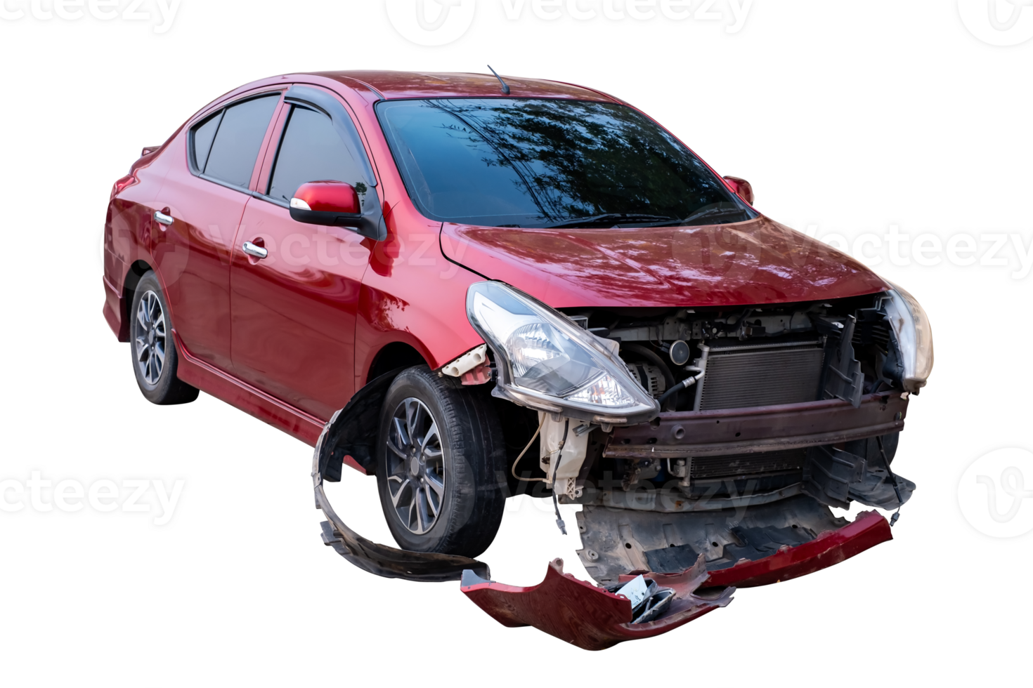 Car crash, Full body front and side view of red car get damaged by accident on the road. damaged cars after collision. Isolated on transparent background, car crash broken, File png