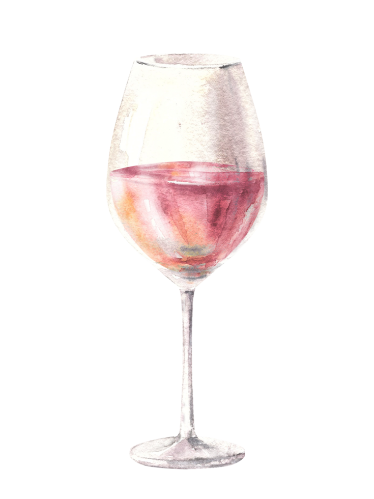 Glass of rose wine, drink juice, liqueur, schnapps, champagne. Watercolor illustration. Drinking clipart for winemaking, wine list, bar, restaurant menu, sticker, print. png